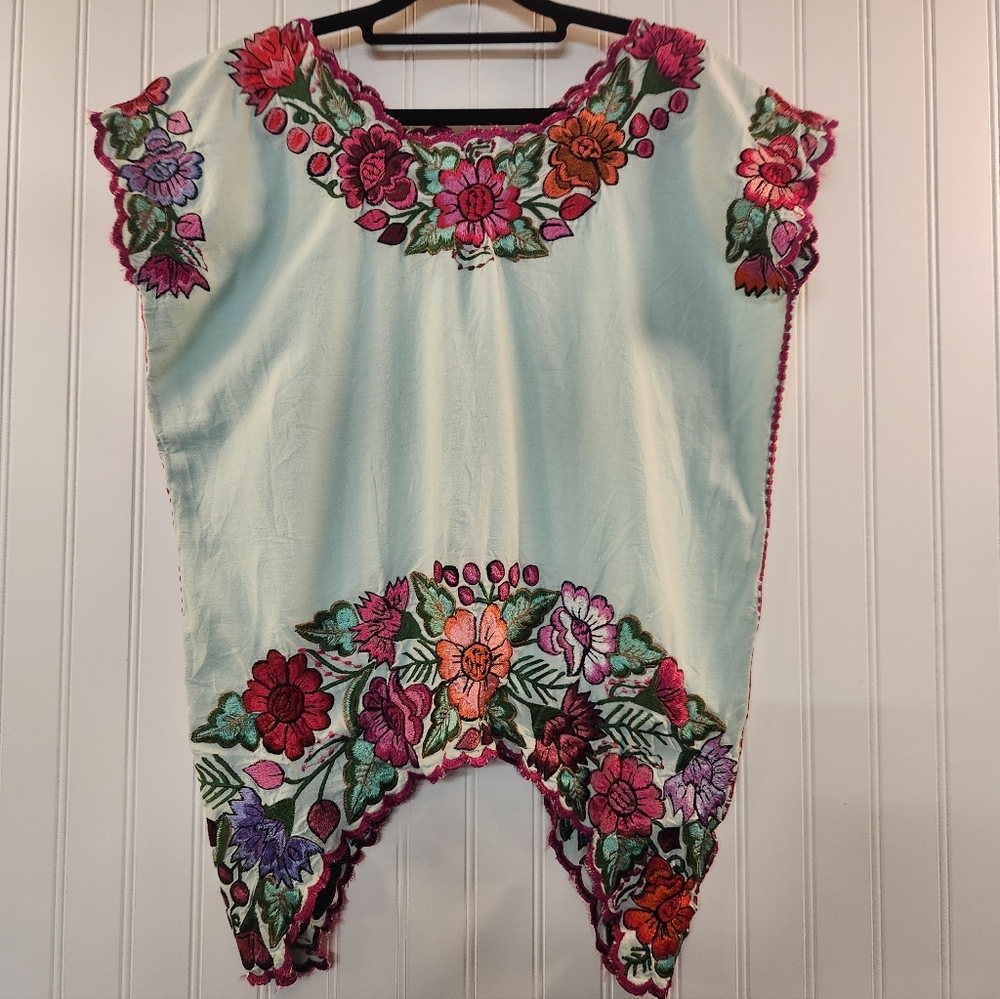 Women's Mint Embroidered Floral Arch Hem Linen Tunic Top Size L Handmade Artsy - Picture 2 of 11